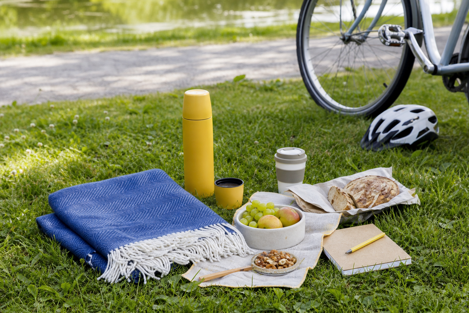 Blaue Picknickdecke, gelbe Thermosflasche und Snacks auf einer Wiese neben einem Fahrrad